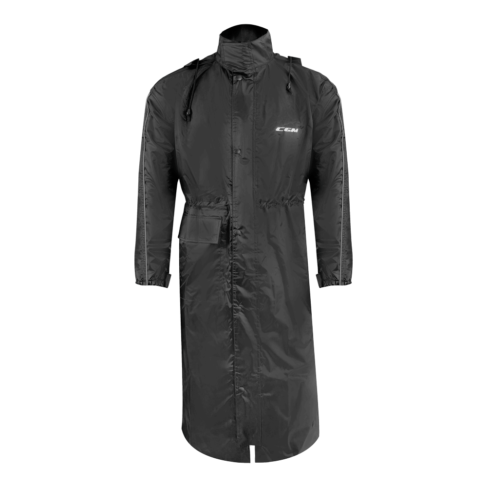 Trench antipioggia nero in tessuto impermeabile con cappuccio e chiusura con zip, ideale per la pioggia e il comfort.